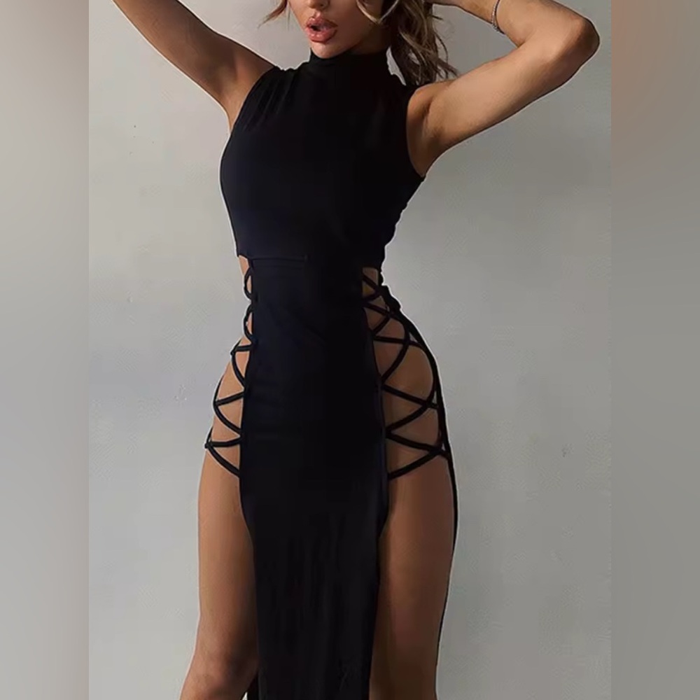 Black Sleeveless Bandage Sexy Summer Turtleneck Side Slit Tight Long Dress
